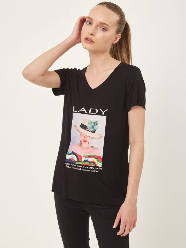 חולצה V כובע דמוי יהלומים PROMO בצבע שחור