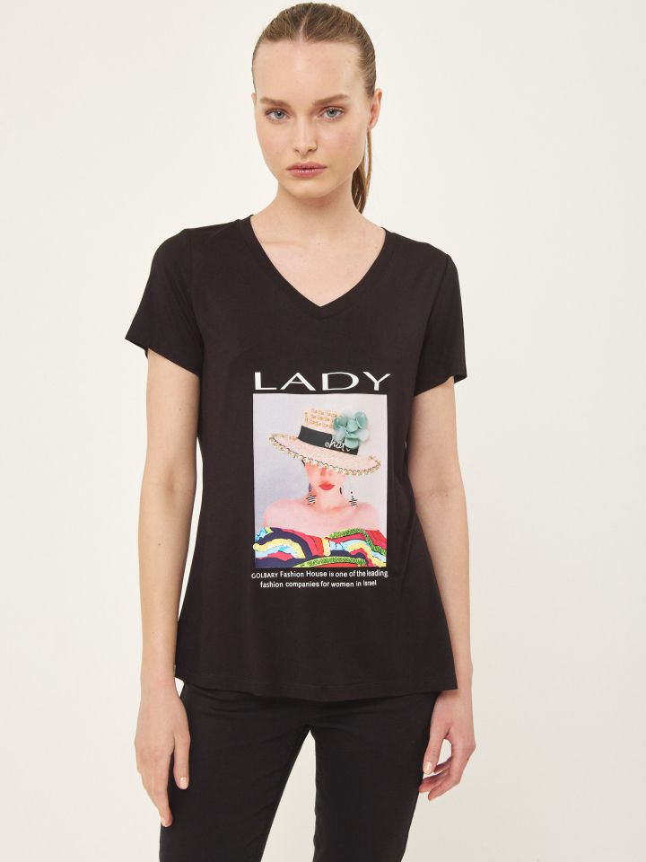 חולצה V כובע דמוי יהלומים PROMO בצבע שחור