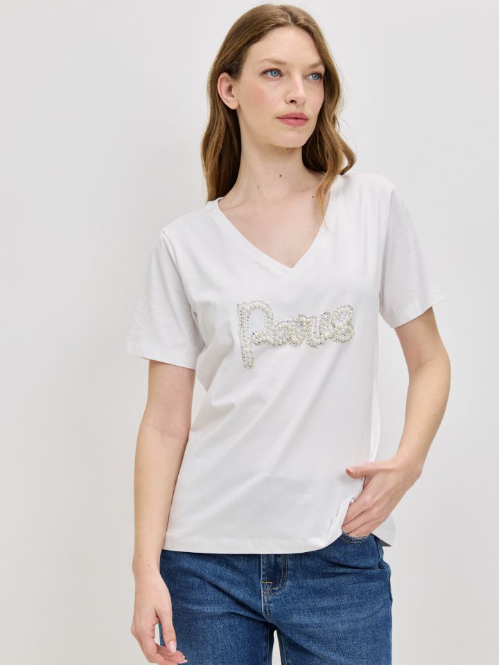 חולצה PARIS PROMO דמוי פנינים בצבע לבן