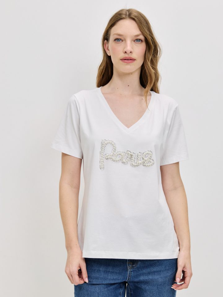 חולצה PARIS PROMO דמוי פנינים בצבע לבן