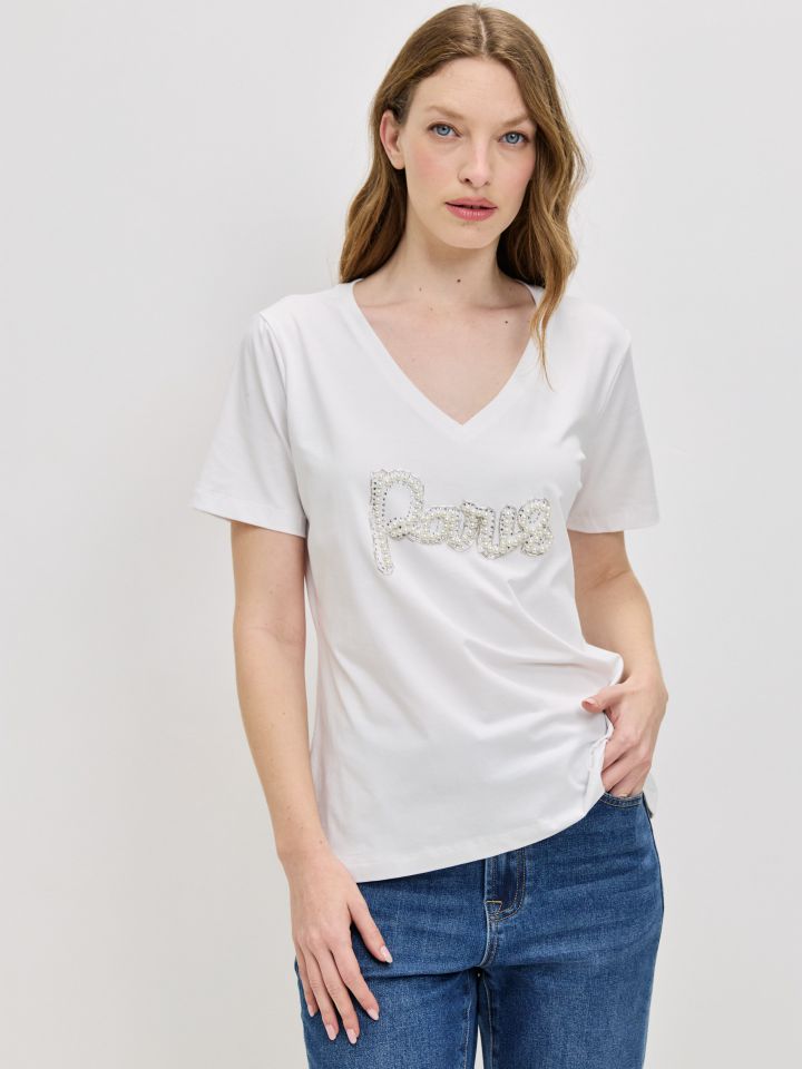 חולצה PARIS PROMO דמוי פנינים בצבע לבן