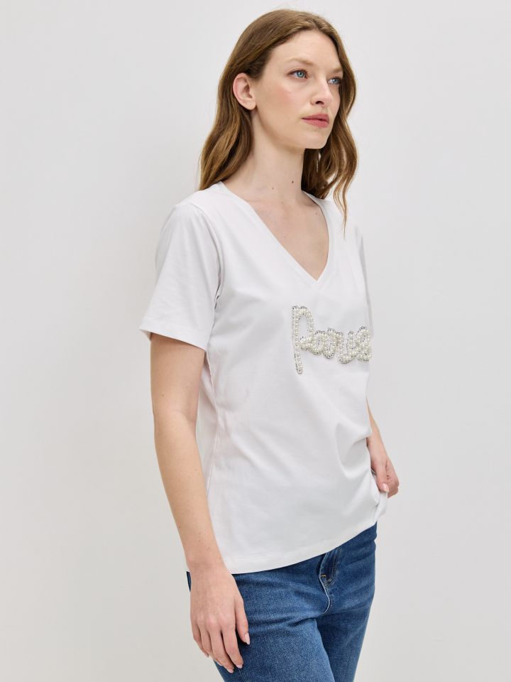חולצה PARIS PROMO דמוי פנינים בצבע לבן