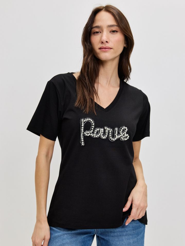 חולצה PARIS PROMO דמוי פנינים בצבע שחור