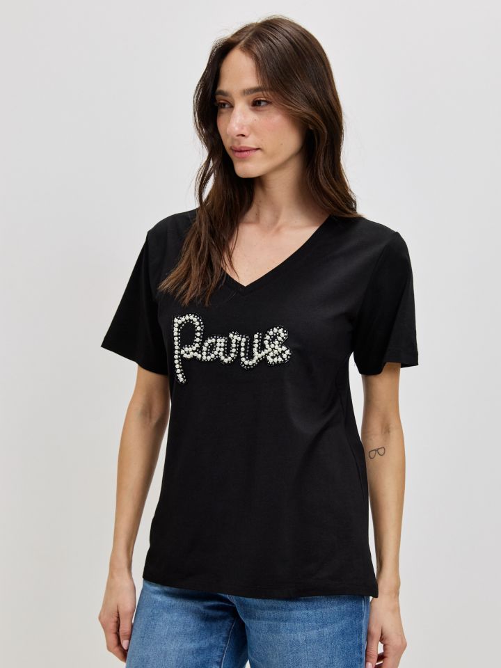 חולצה PARIS PROMO דמוי פנינים בצבע שחור