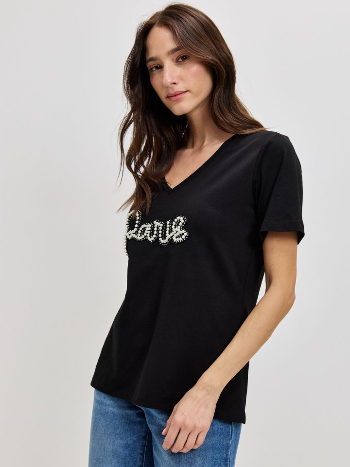 חולצה PARIS PROMO דמוי פנינים בצבע שחור