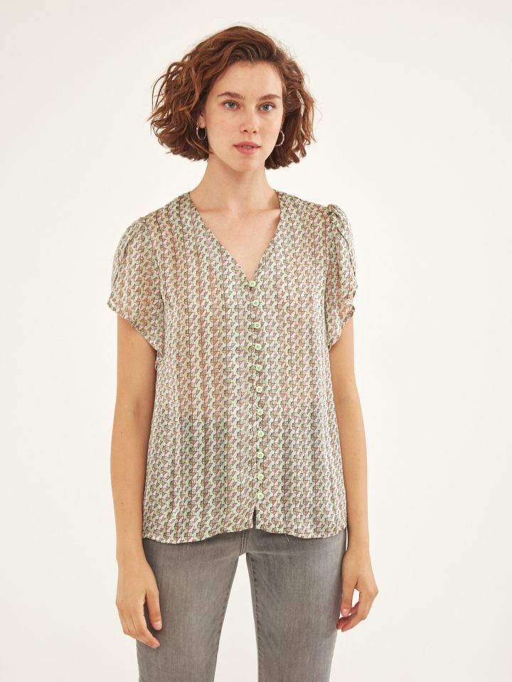 חולצה שיפון V שרוולי מעטפה בצבע ירוק