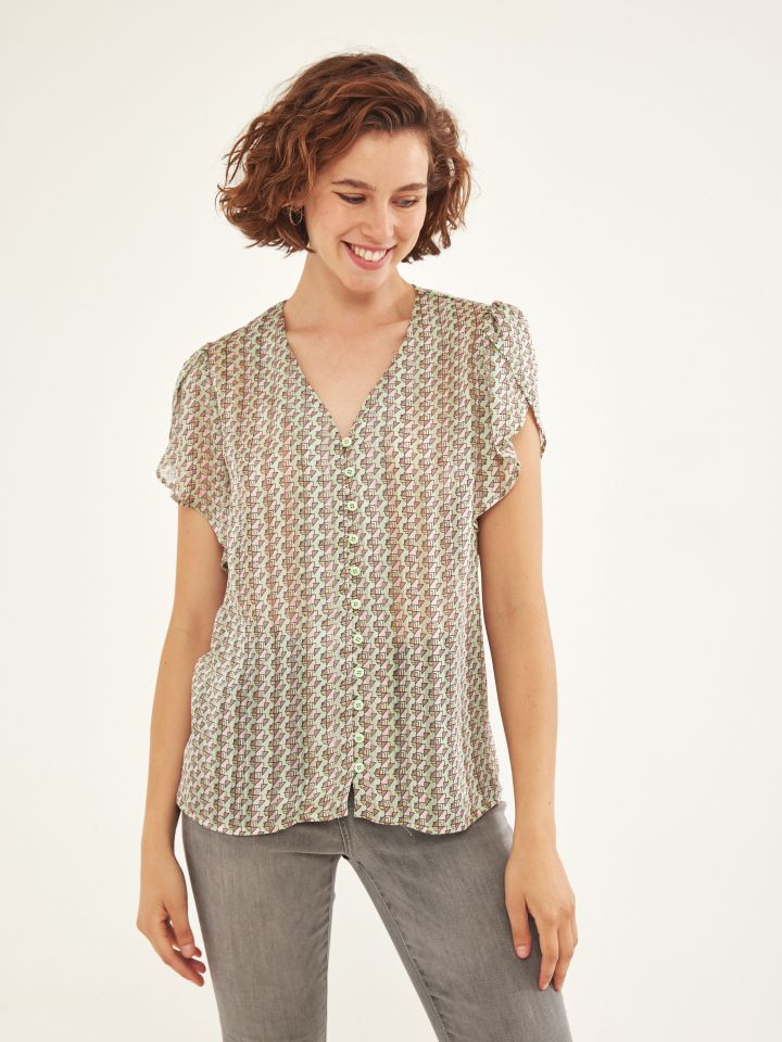 חולצה שיפון V שרוולי מעטפה בצבע ירוק