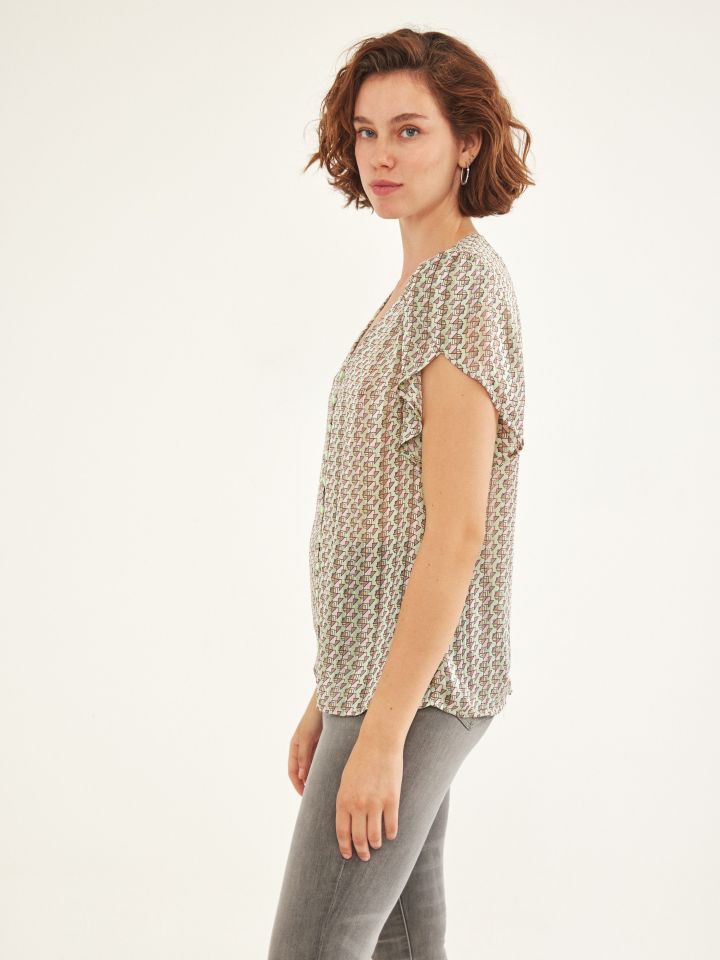 חולצה שיפון V שרוולי מעטפה בצבע ירוק