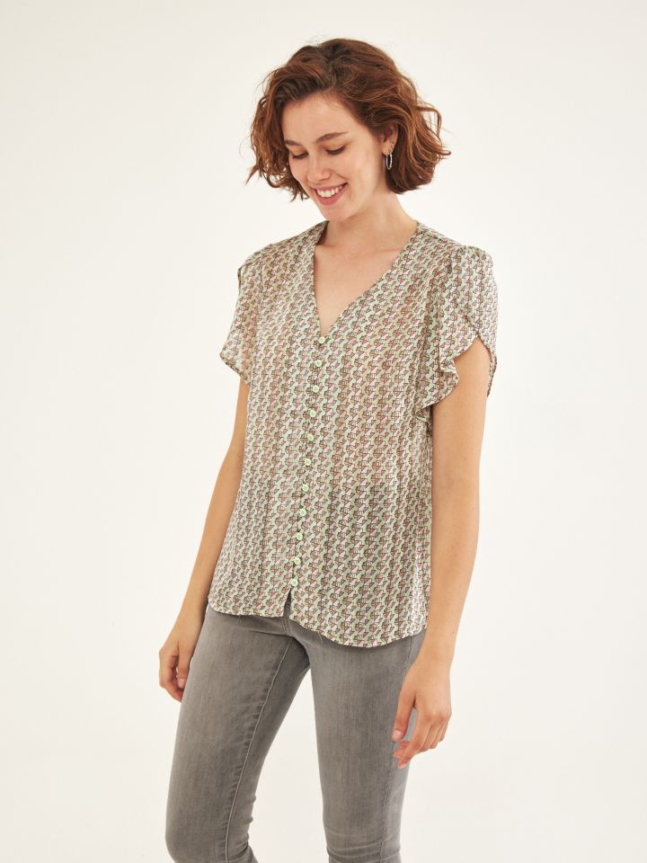 חולצה שיפון V שרוולי מעטפה בצבע ירוק