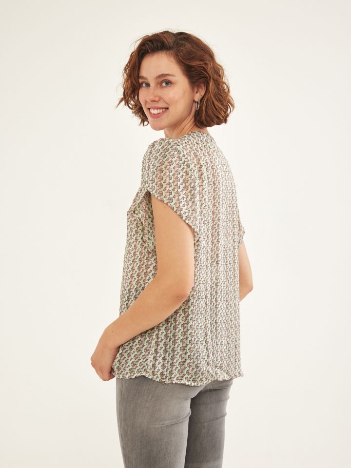 חולצה שיפון V שרוולי מעטפה בצבע ירוק