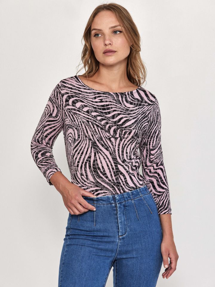 חולצה דפוס שרוול 3/4 PROMO בצבע ורוד