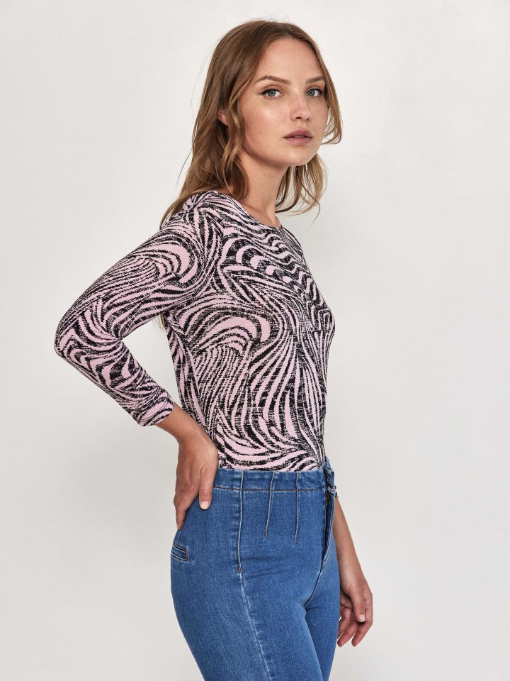 חולצה דפוס שרוול 3/4 PROMO בצבע ורוד