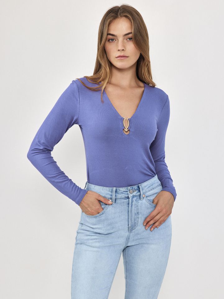 חולצה ריב פתח אבזם בצבע סגול