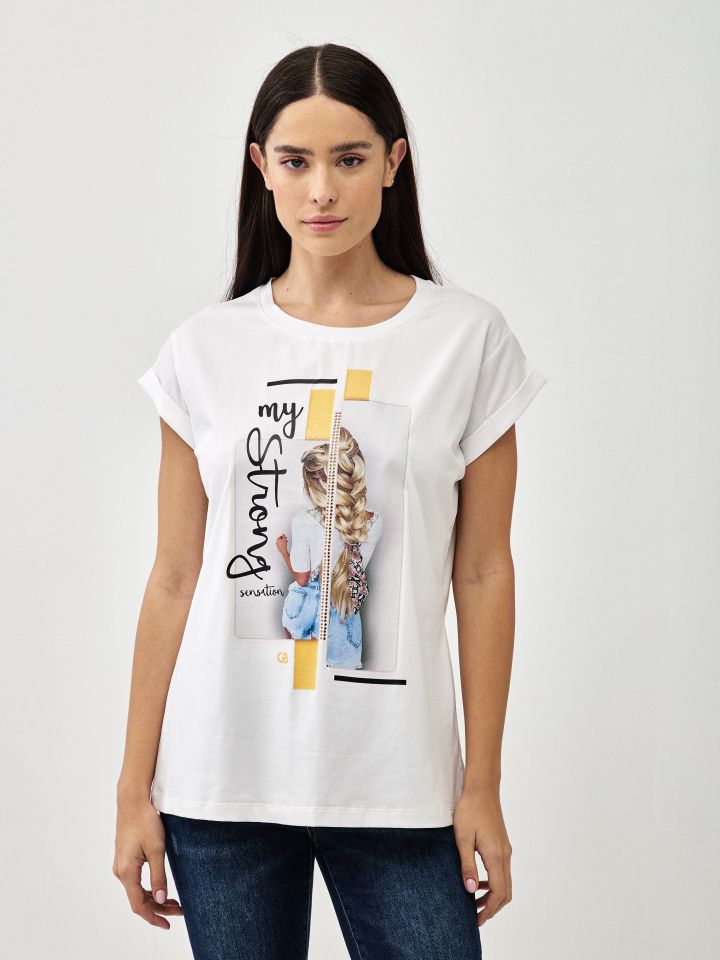 חולצה דפוס צמה PROMO בצבע לבן