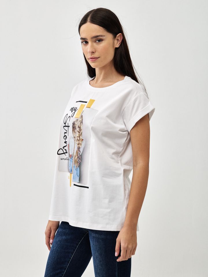 חולצה דפוס צמה PROMO בצבע לבן