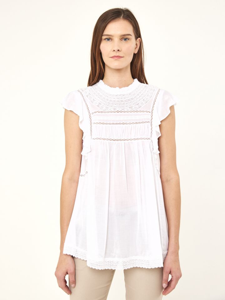 חולצה שילוב תחרות בצבע לבן