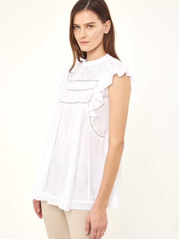 חולצה שילוב תחרות בצבע לבן