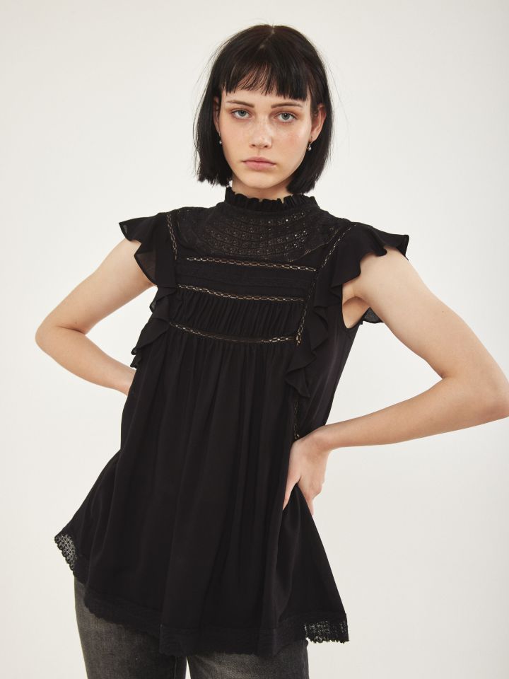 חולצה שילוב תחרות בצבע שחור