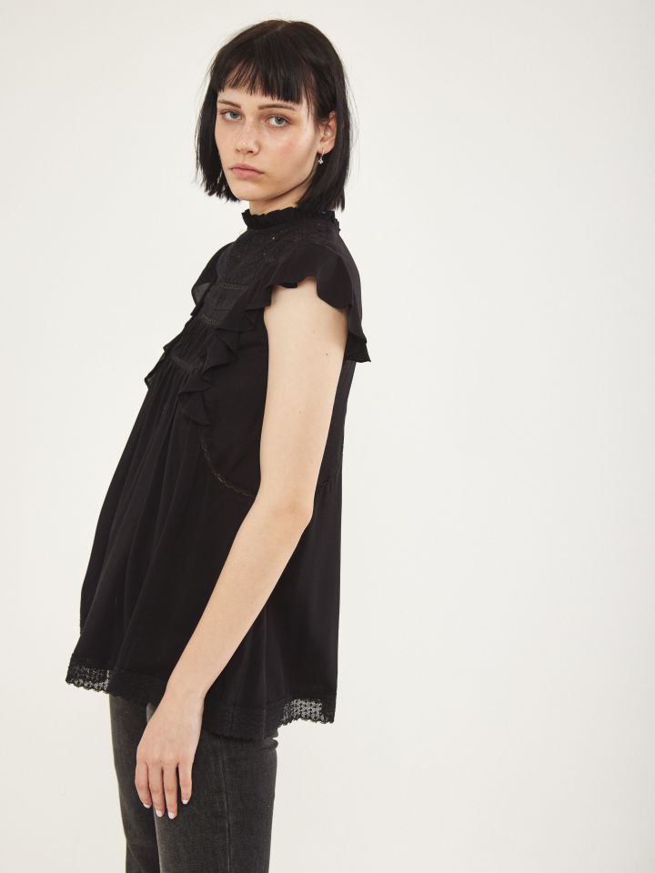 חולצה שילוב תחרות בצבע שחור