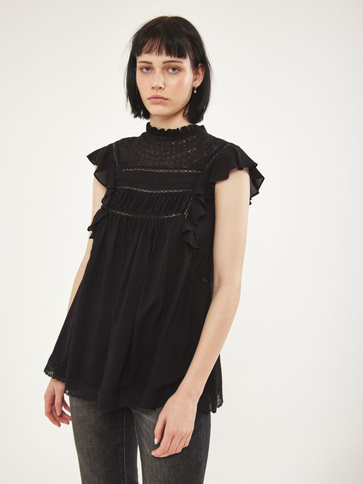 חולצה שילוב תחרות בצבע שחור