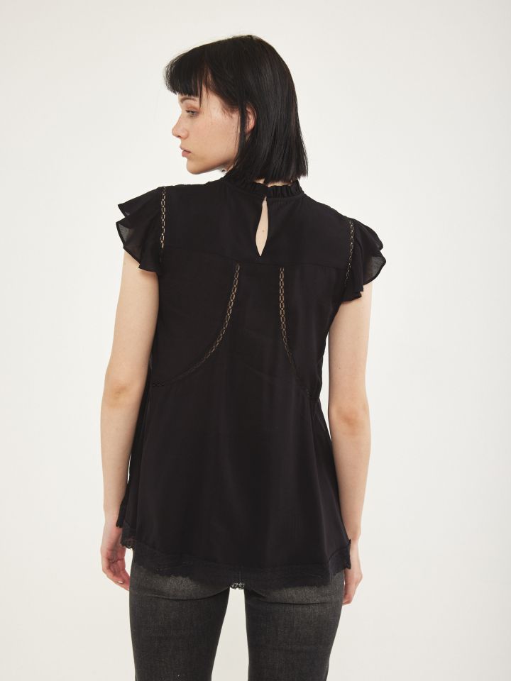 חולצה שילוב תחרות בצבע שחור