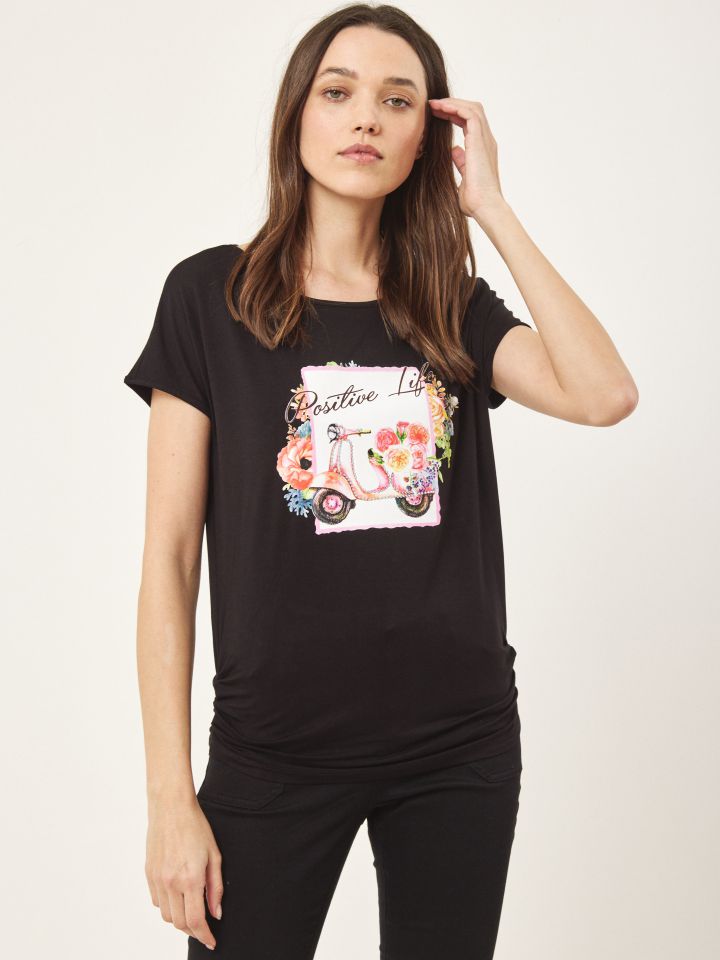 חולצה דפוס פרחים PROMO בצבע שחור