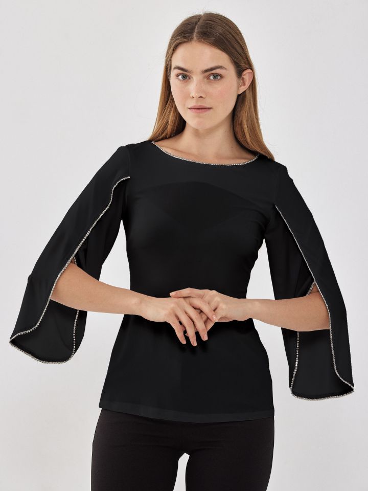 חולצה שילוב יהלומים בצבע שחור