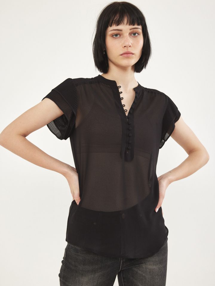 חולצה שרוול פליסה חלק PROMO בצבע שחור