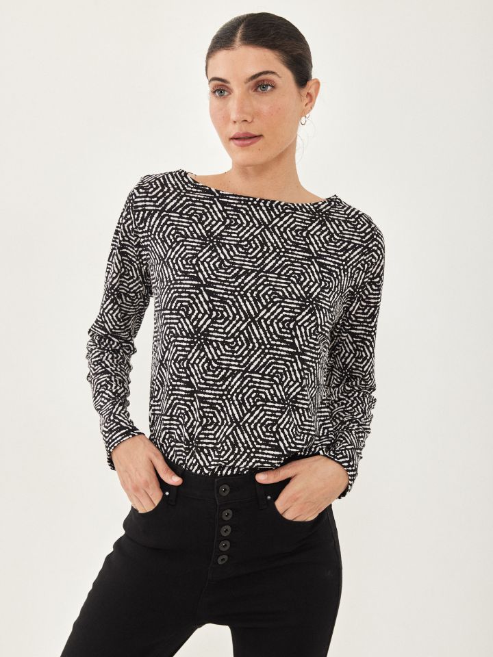 חולצה PROMO דפוס שרוול ארוך בצבע שחור/לבן