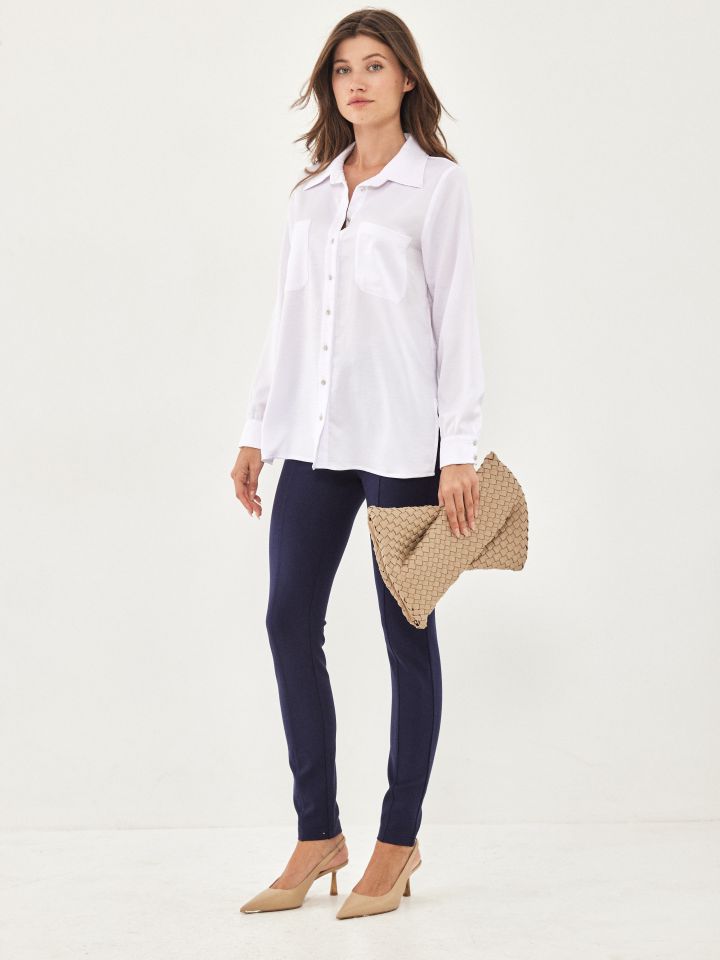 חולצה מכופתרת כפתורי יהלומים בצבע לבן