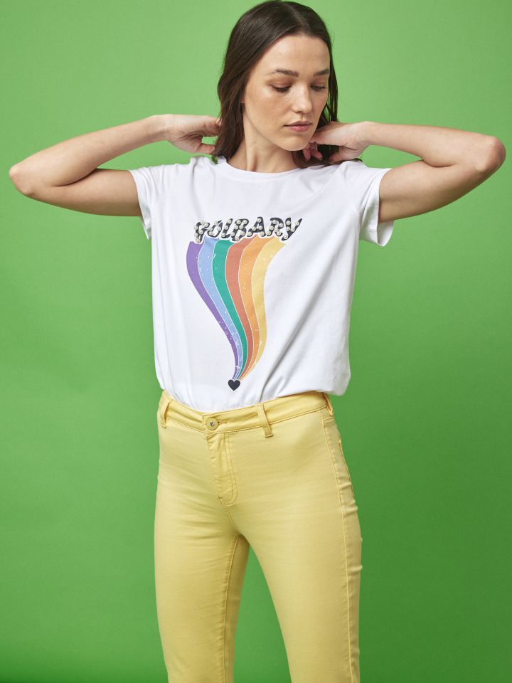 חולצה דפוס + פנינים PROMO בצבע לבן