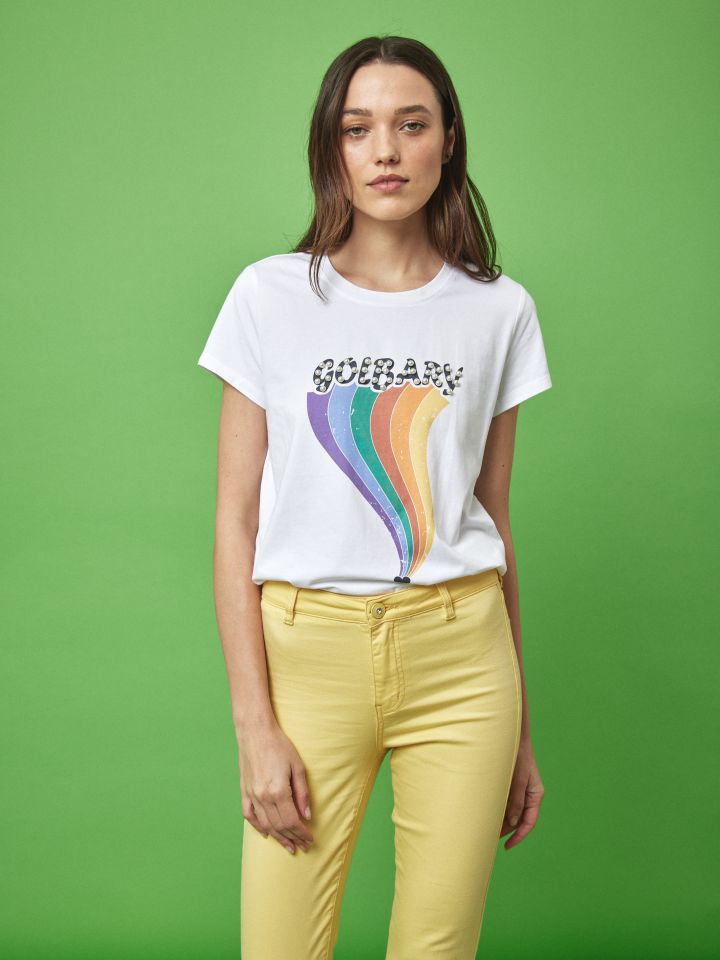 חולצה דפוס + פנינים PROMO בצבע לבן