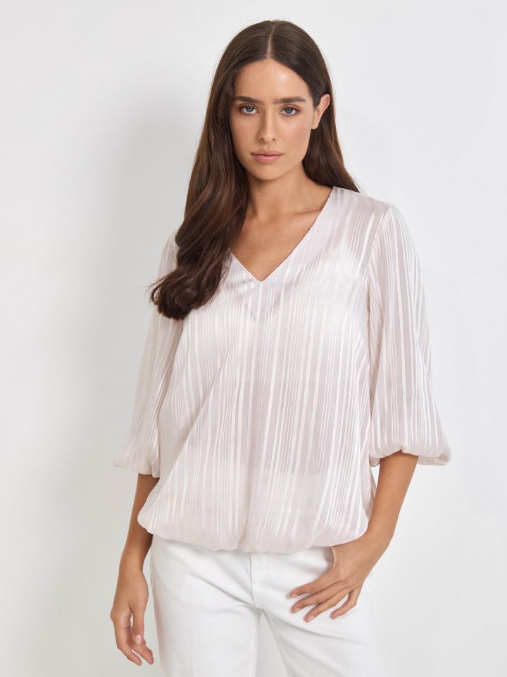 חולצה שרוול בלון בצבע בייז’