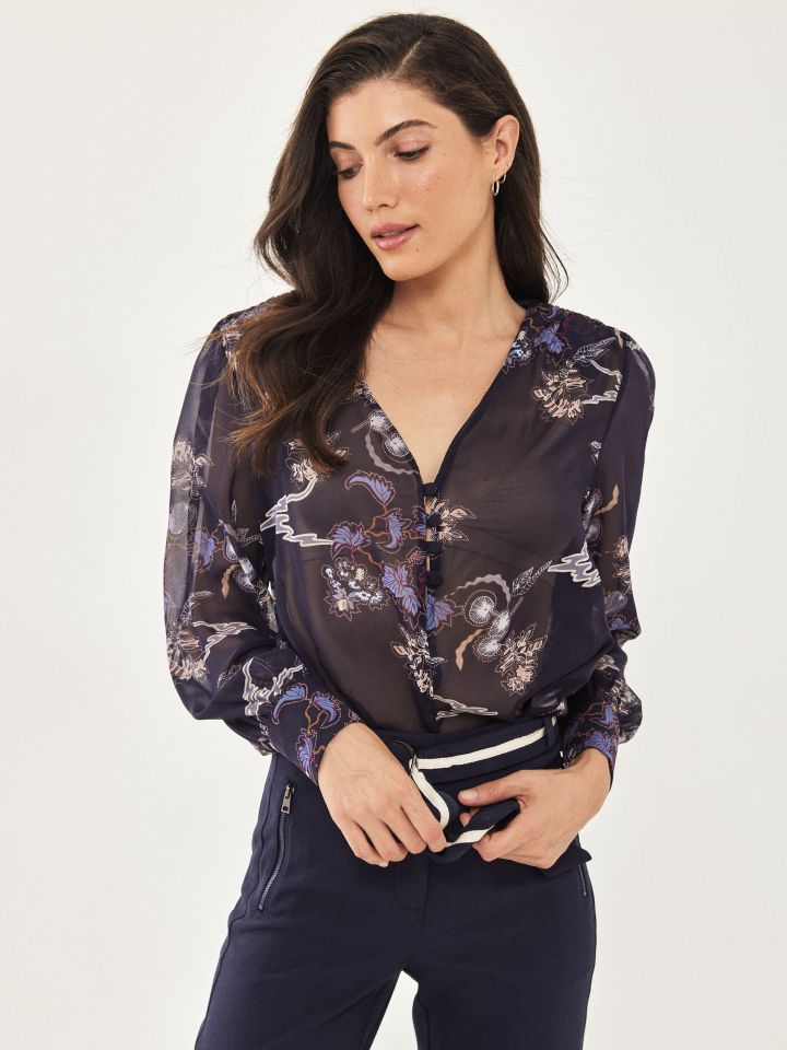 חולצה V שינה דפוס בצבע נייבי