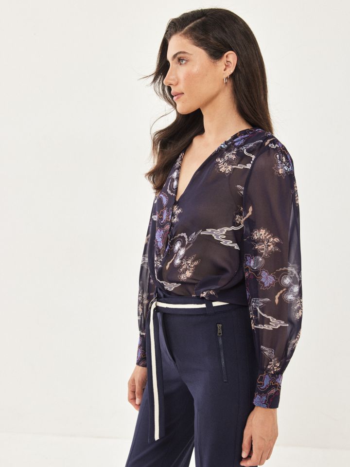 חולצה V שינה דפוס בצבע נייבי