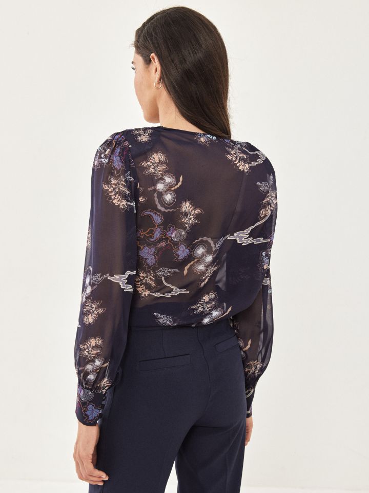 חולצה V שינה דפוס בצבע נייבי