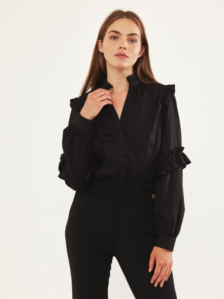 חולצה פופלין מלמלות בצבע שחור