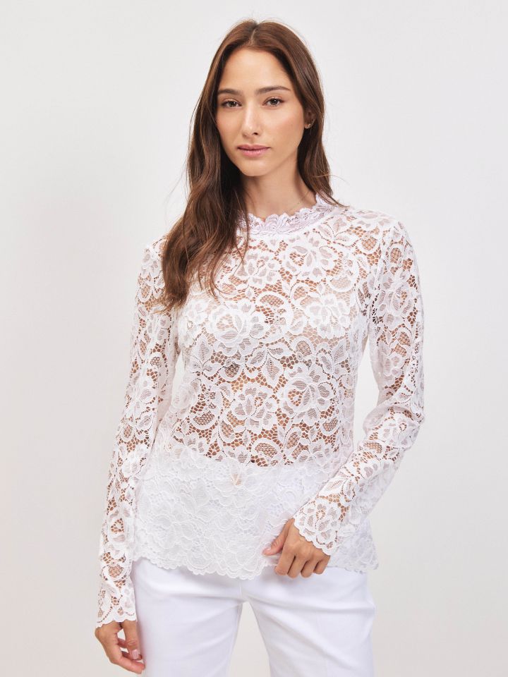 חולצה תחרה שרוול ארוך בצבע לבן