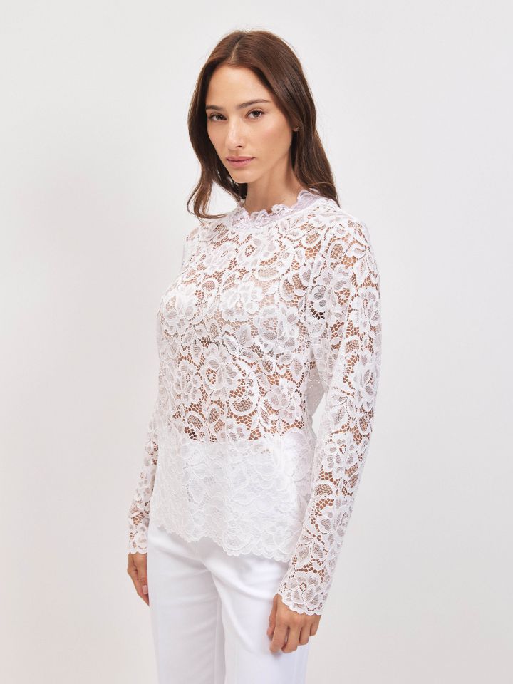 חולצה תחרה שרוול ארוך בצבע לבן