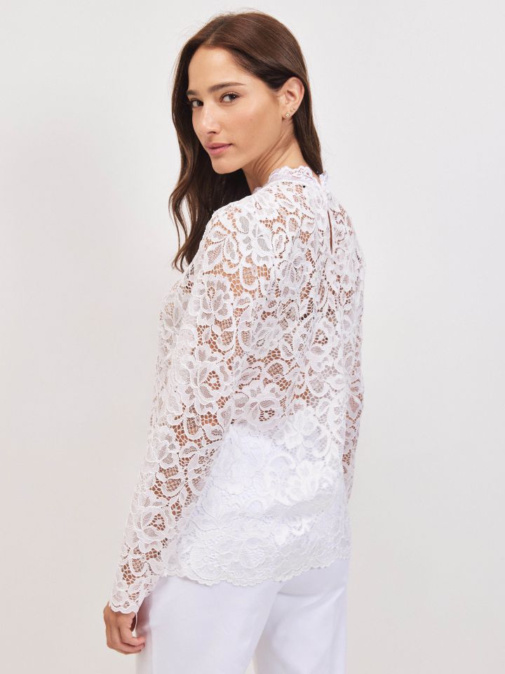 חולצה תחרה שרוול ארוך בצבע לבן