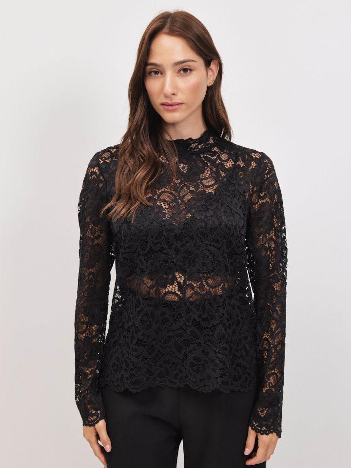 חולצה תחרה שרוול ארוך בצבע שחור