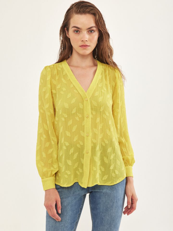 חולצה V מכופתרת בצבע לימון