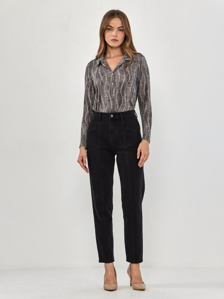 חולצה דפוס מכופתרת בצבע חום מלנג’