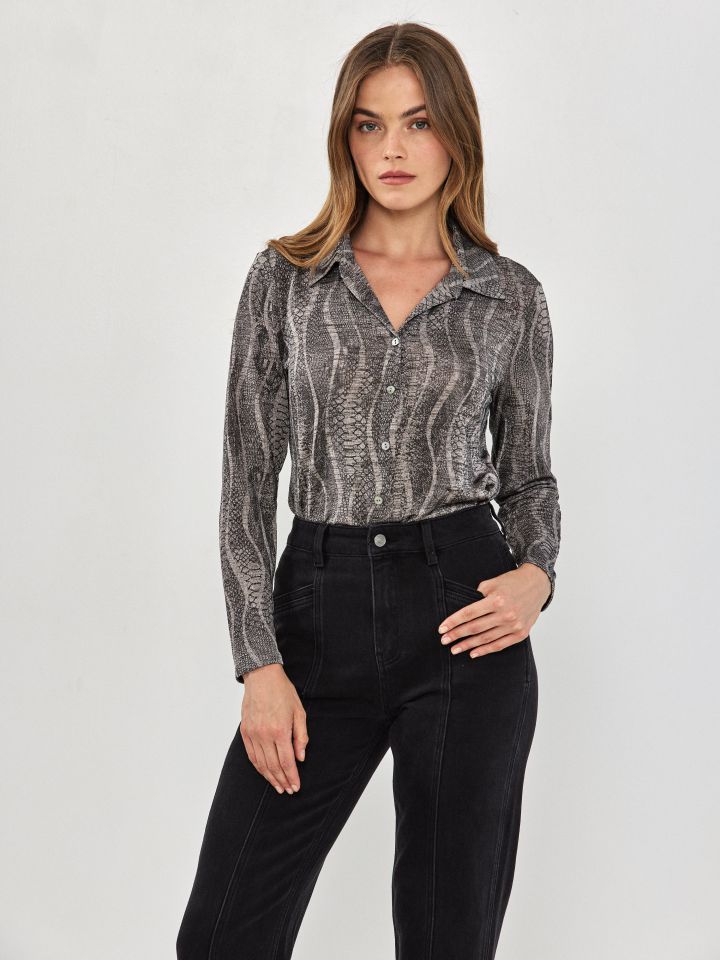 חולצה דפוס מכופתרת בצבע חום מלנג’