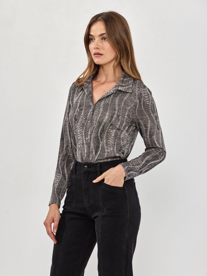 חולצה דפוס מכופתרת בצבע חום מלנג’