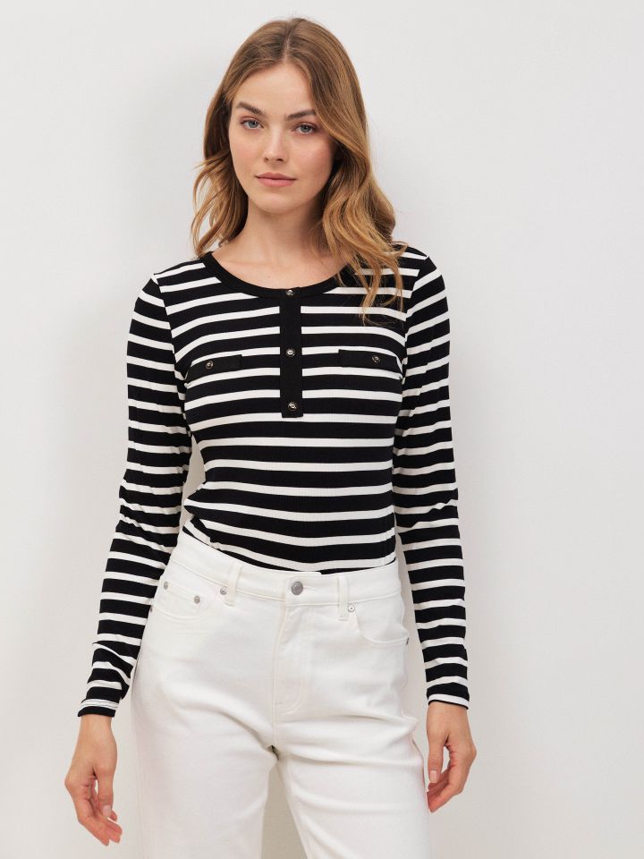 חולצה פסים שינה כפתורים בצבע שחור