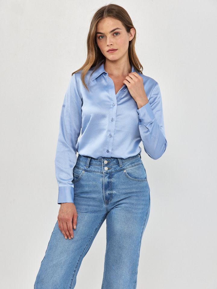 חולצה סטן מכופתרת PROMO בצבע תכלת אורלי