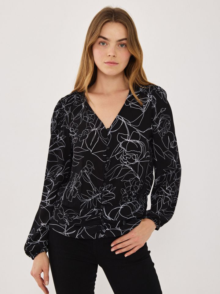 חולצה V שיפון דפוס בצבע שחור