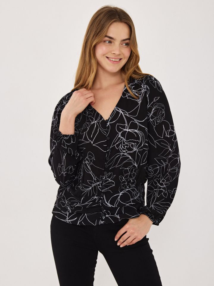 חולצה V שיפון דפוס בצבע שחור