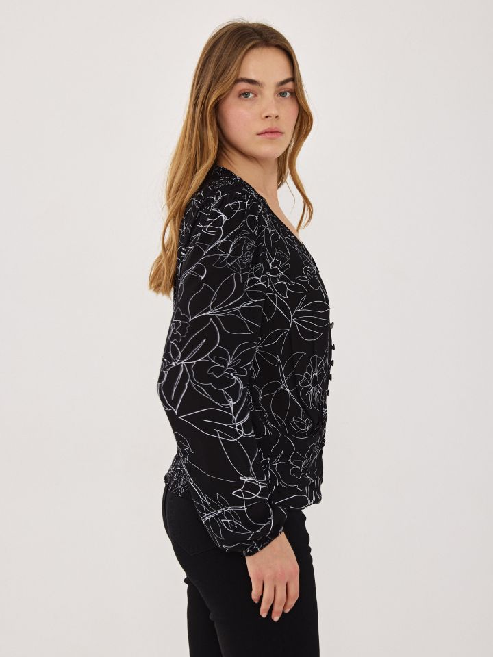 חולצה V שיפון דפוס בצבע שחור